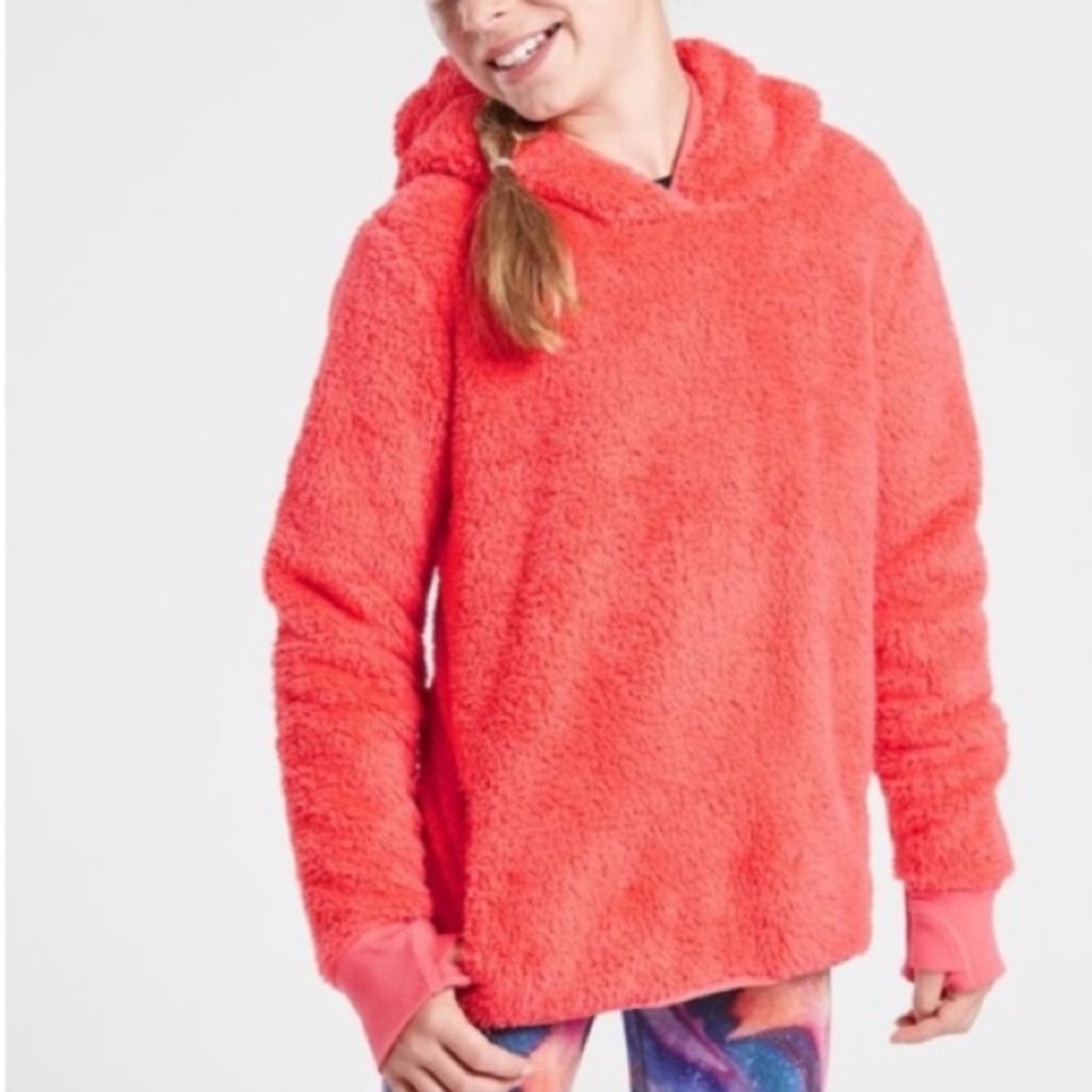 Athleta Girl Coral Orange Fuzzy So Snug Sherpa Hoodie Fleece Sweatshirt Pullover